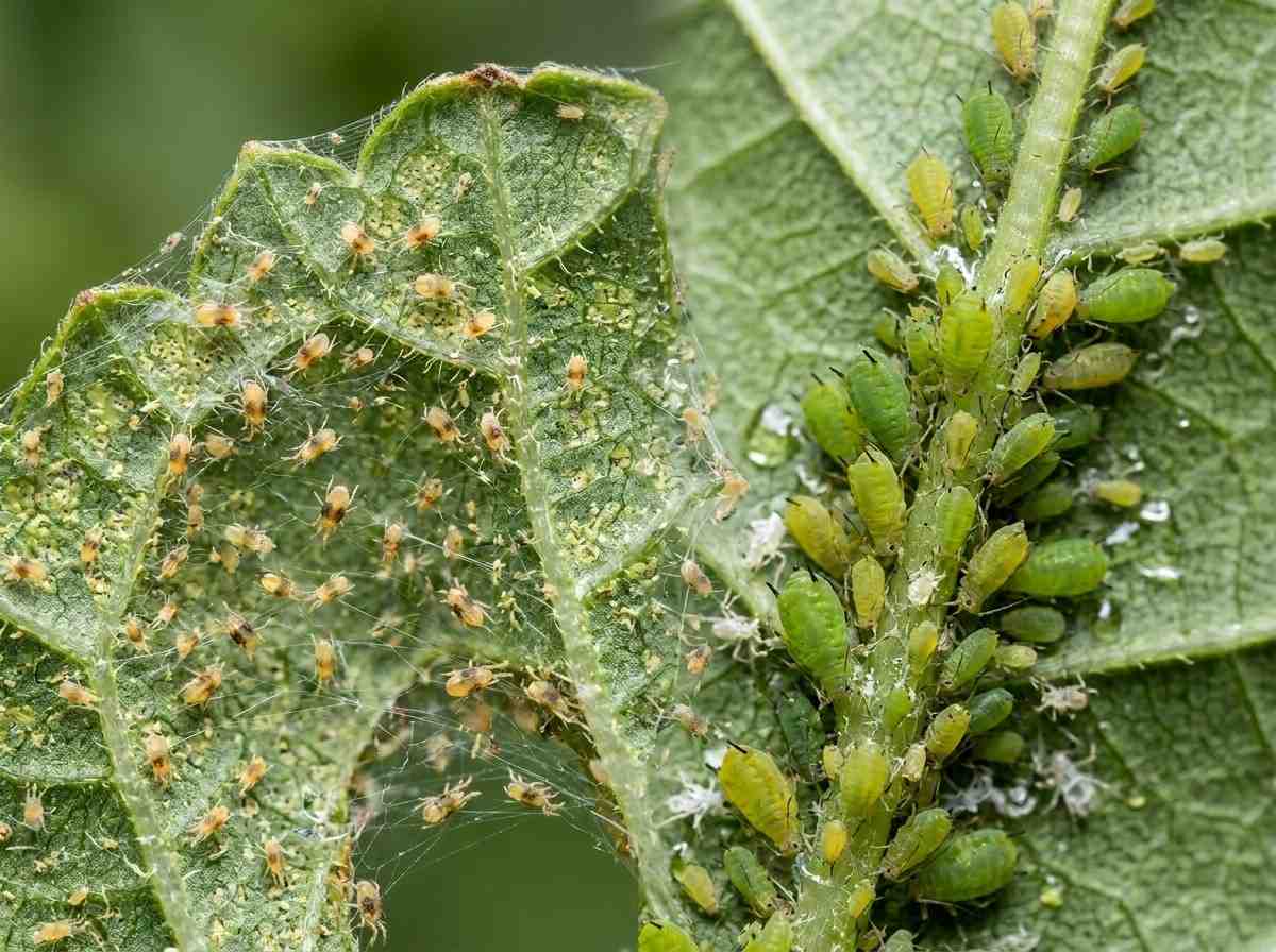 Spider Mites Vs Aphids comparison showing leaf damage and infestation signs