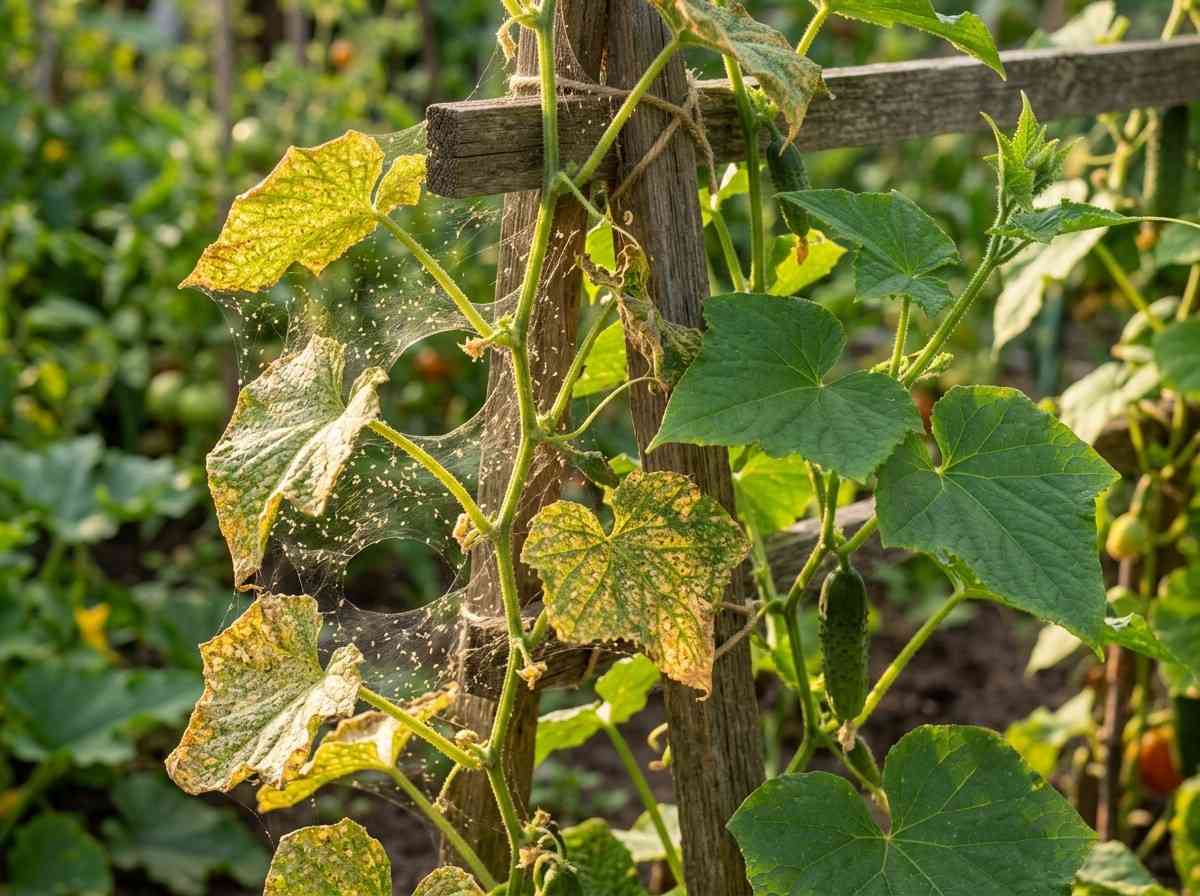 Spider Mites on Cucumber Plants spreading across cucumber vine leaves