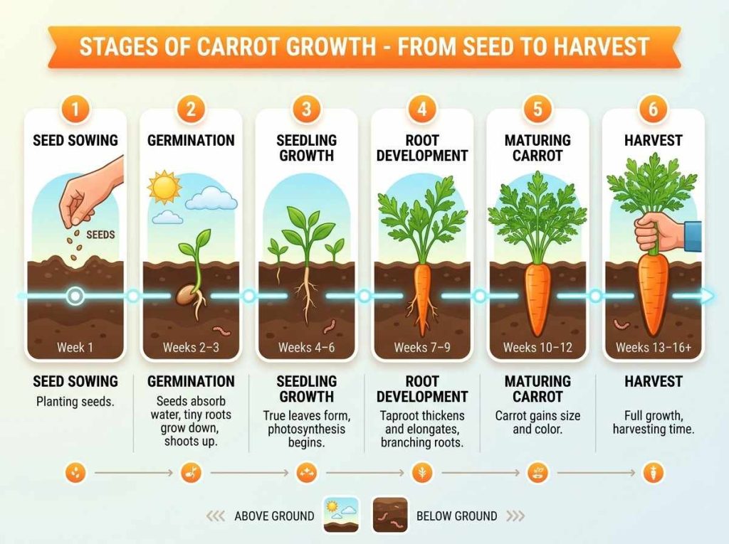 Stages of Carrot Growth illustrating the complete carrot life cycle