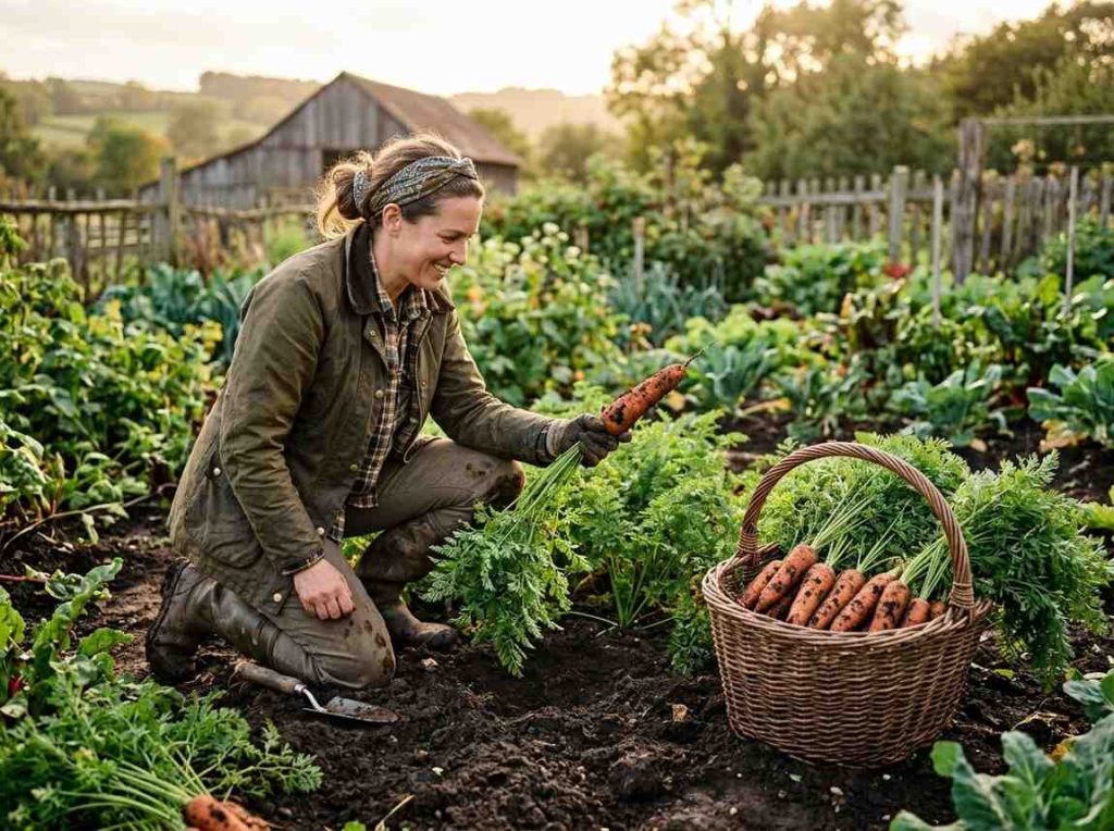 Stages of Carrot Growth with green tops and underground root development