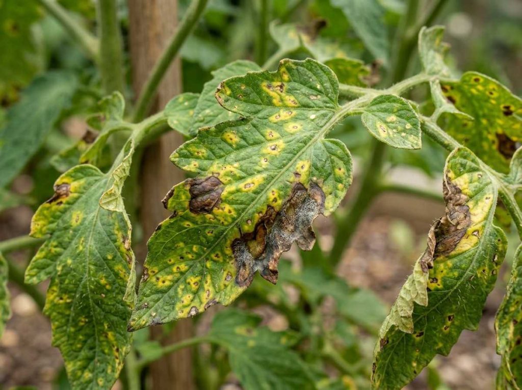 Tomato diseases and pest control in a home garden with affected tomato plants