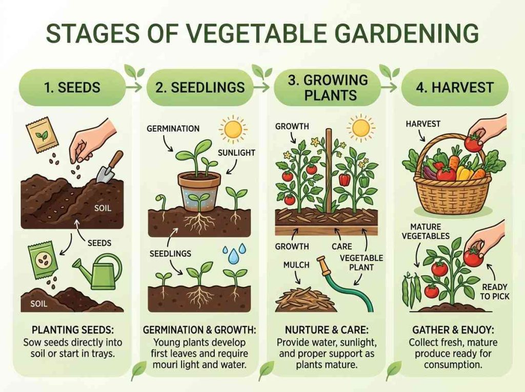 Vegetable Gardening Guide For Beginners demonstrating planting and care steps