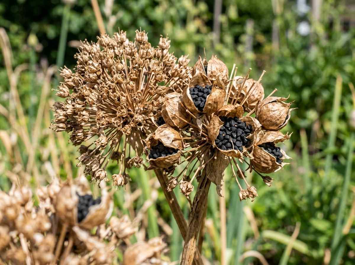 When Do I Remove the Seeds from My Onion Plant showing dried onion flower heads ready for harvest