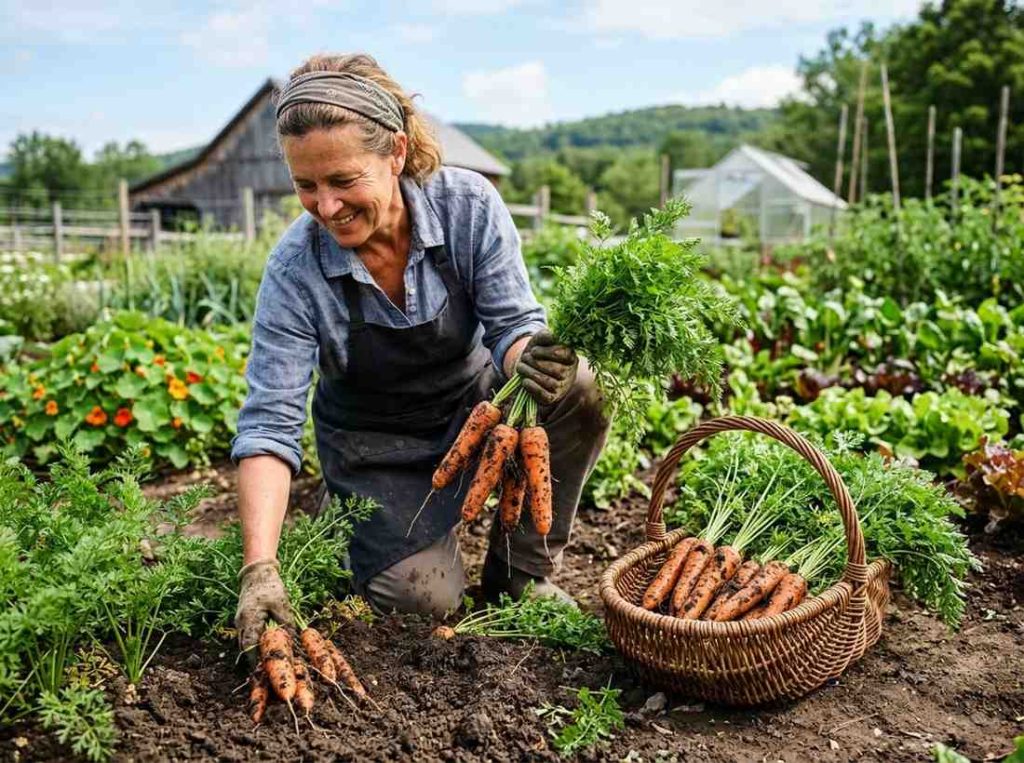 When to Harvest Carrots with healthy orange roots visible above soil