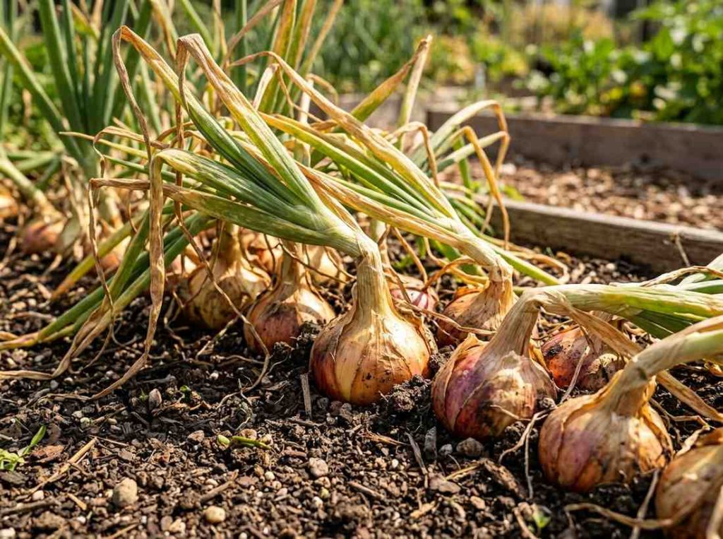 When to Harvest Onions showing mature onion bulbs ready for picking