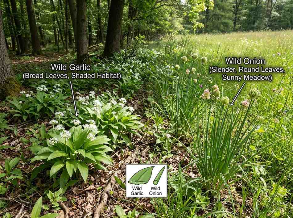 Wild Garlic Vs Wild Onion comparison in natural outdoor environment