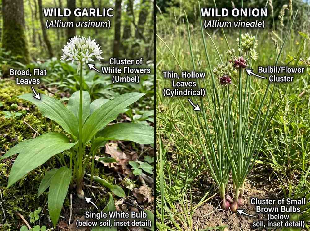 Wild Garlic Vs Wild Onion differences in leaf shape and plant structure