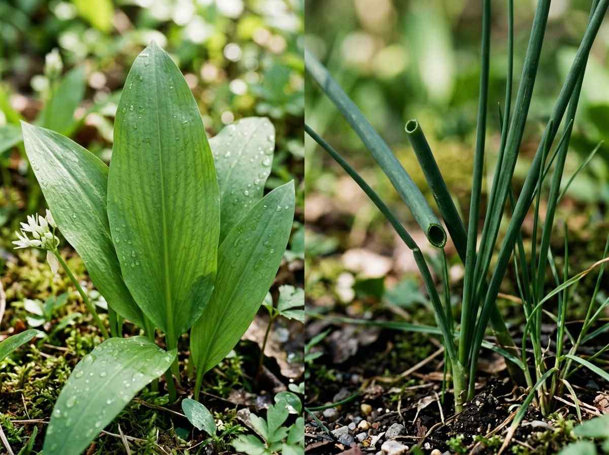 Wild Garlic Vs Wild Onion showing side by side comparison of leaves and bulbs