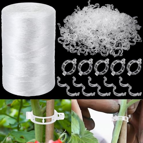 Colingmill 6300 ft Tomato Garden Twine String with 300 Plastic Garden Plant Tomato Support Clips Strong White Garden Twine for Climbing Plants Orchid Grow Upright and Healthier
