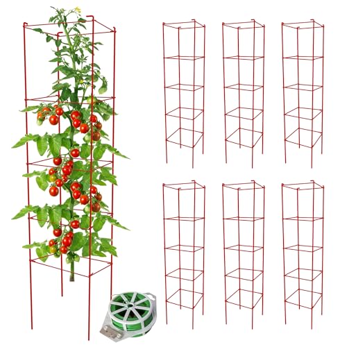Thealyn Tomato Cages 6 Packs 57 Inches (H) Plant Stand with 164 Feet Twist Ties, Heavy Duty Garden Plants Support for Tomatoes, Cucumber, and Other Climbing Plants (Red)