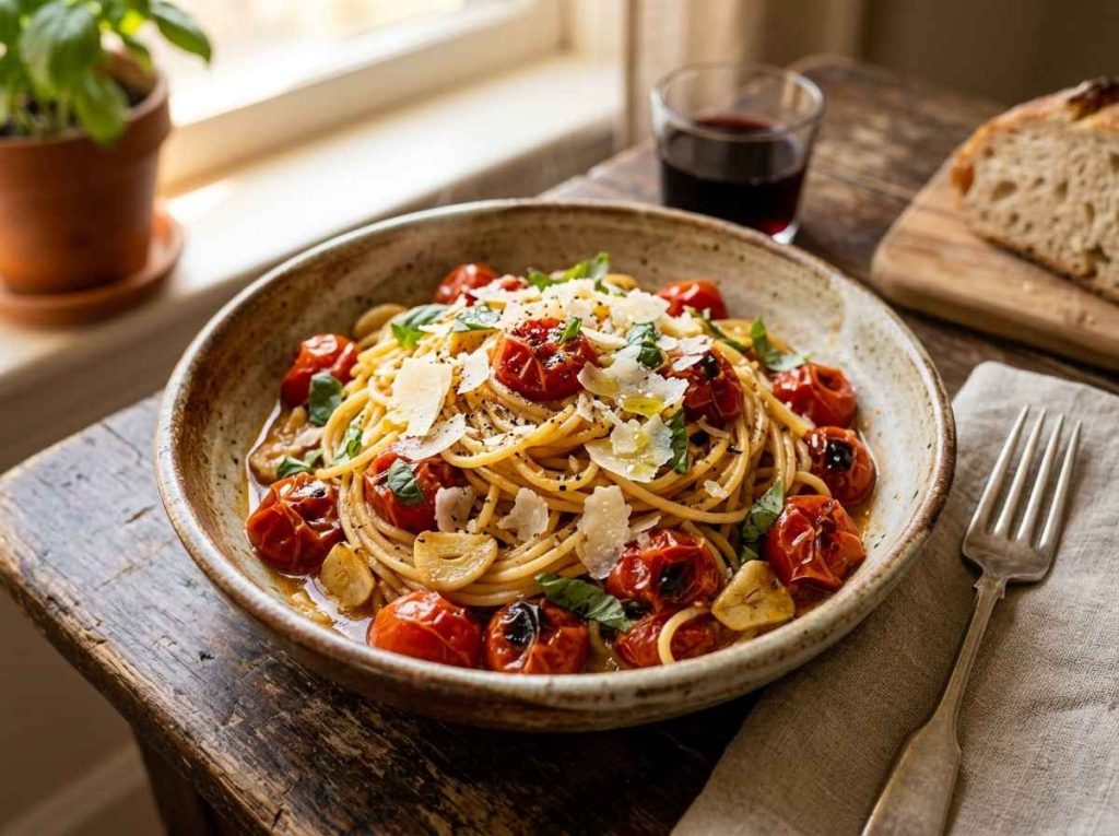 Homemade Burst Tomato Pasta Recipe prepared with fresh cherry tomatoes and garlic