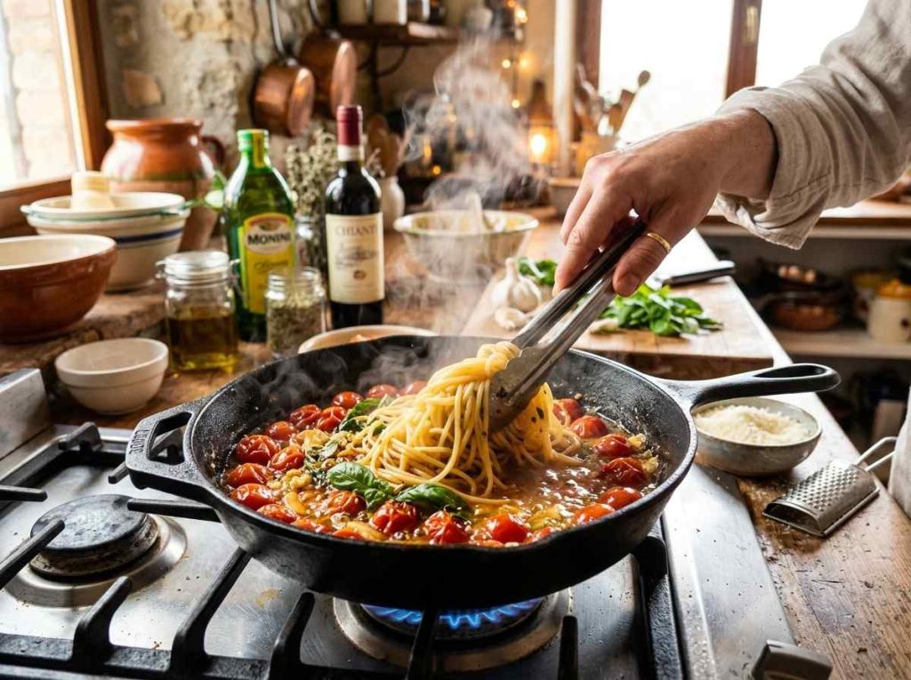 Burst Tomato Pasta Recipe served in a bowl with rich tomato sauce and basil