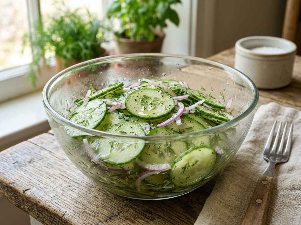 Homemade Cucumber Salad With Dill Recipe served in a healthy summer bowl
