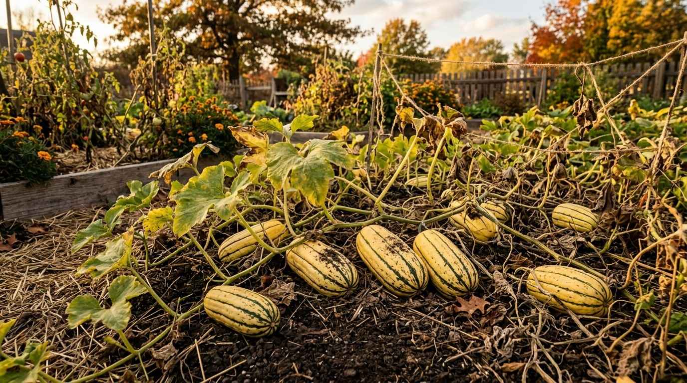 Delicata Squash When to Pick showing mature delicata squash ready for harvest on the vine