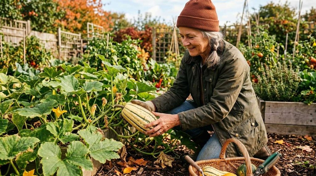 Beginner guide on Delicata Squash When to Pick with ripe striped squash in the garden