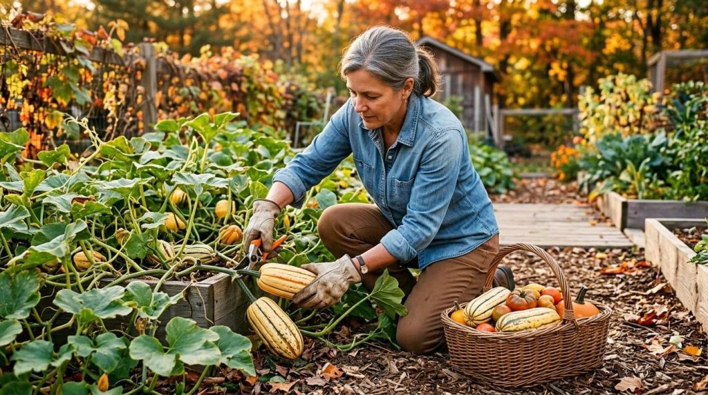 Delicata Squash When to Pick featuring harvest-ready squash with golden yellow skin