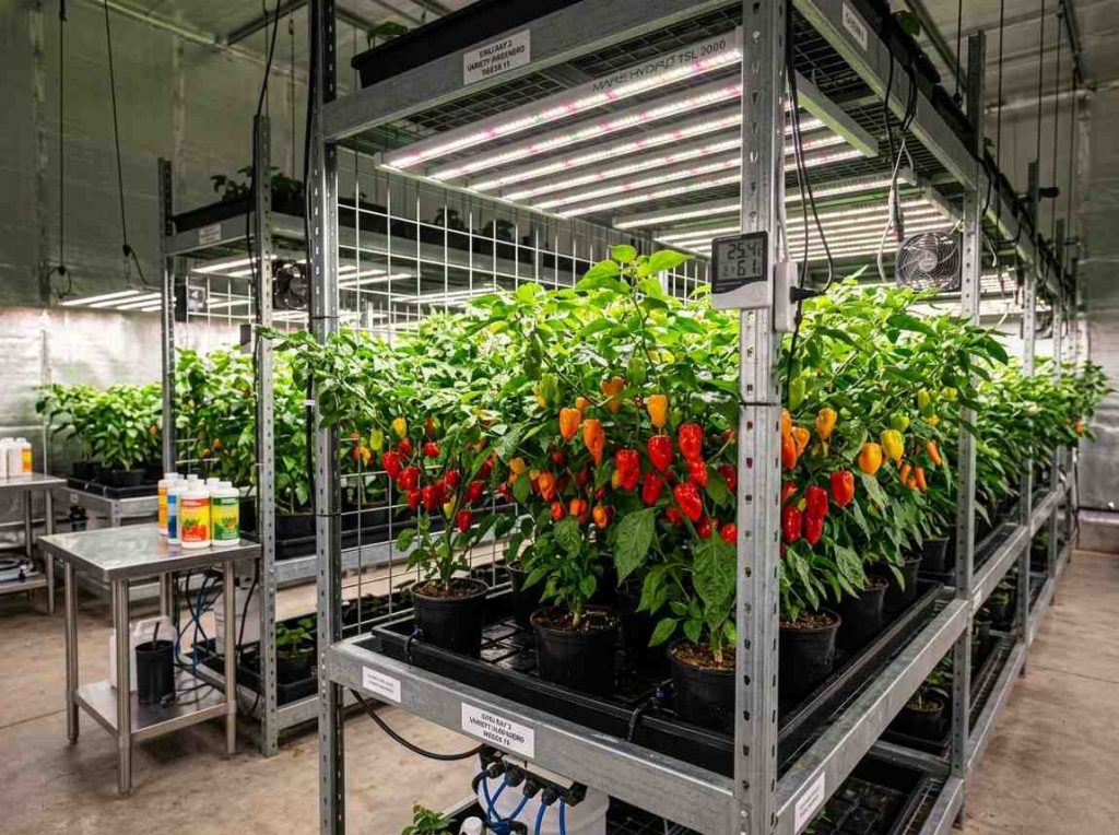 Growing Chili Peppers Indoors with vibrant red peppers ready for harvest