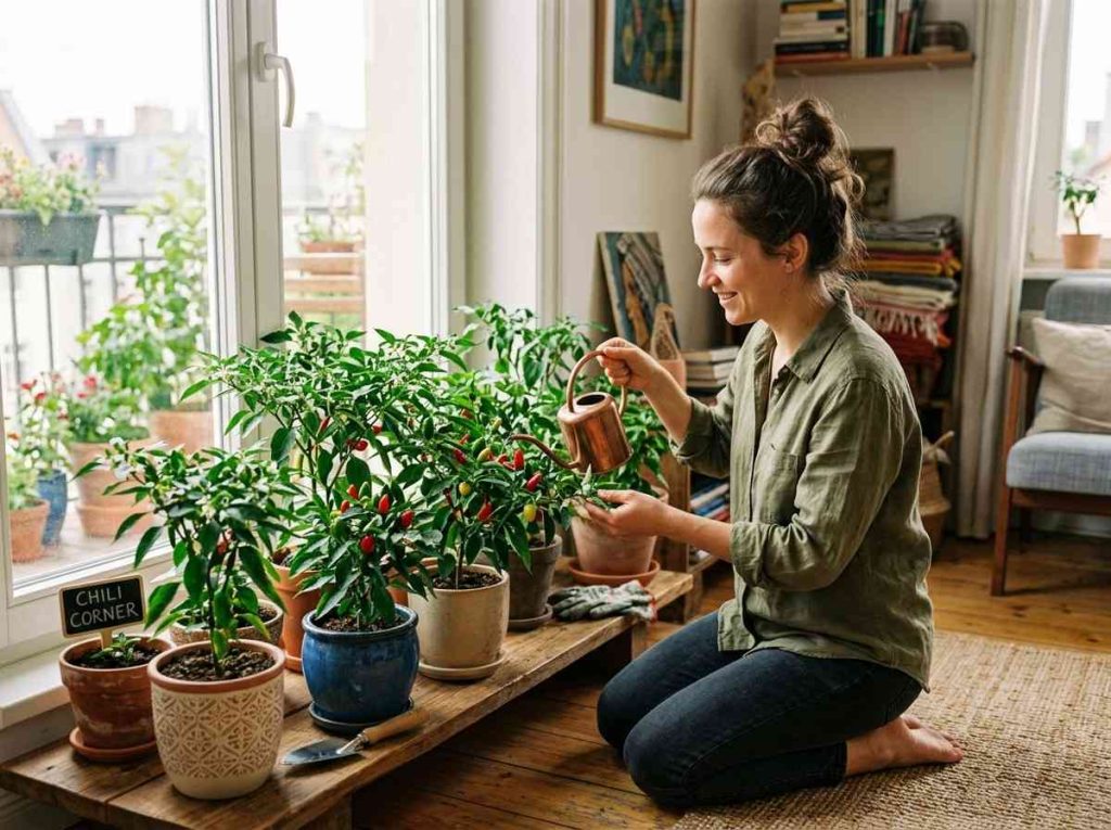 Growing Chili Peppers Indoors showing healthy pepper plants on a sunny windowsill