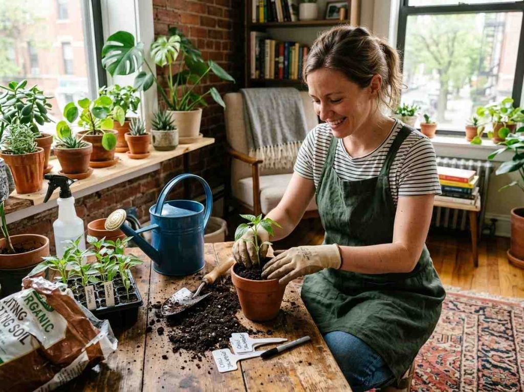 Growing Chili Peppers Indoors using grow lights and container gardening methods