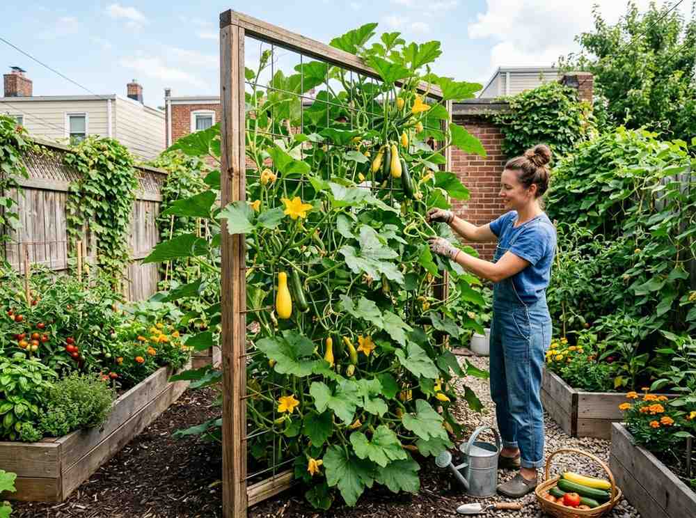 Growing Squash on a Trellis with developing squash fruits hanging from vines