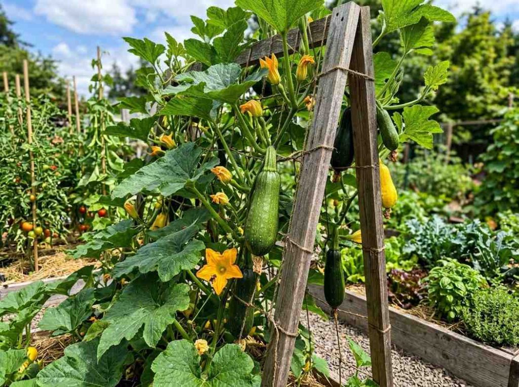 Growing Squash on a Trellis in a home vegetable garden with vertical support