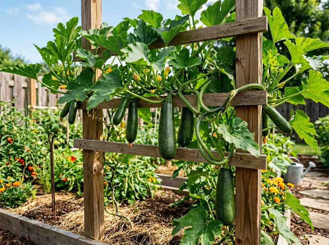 Growing Squash on a Trellis showing healthy squash vines climbing a garden trellis