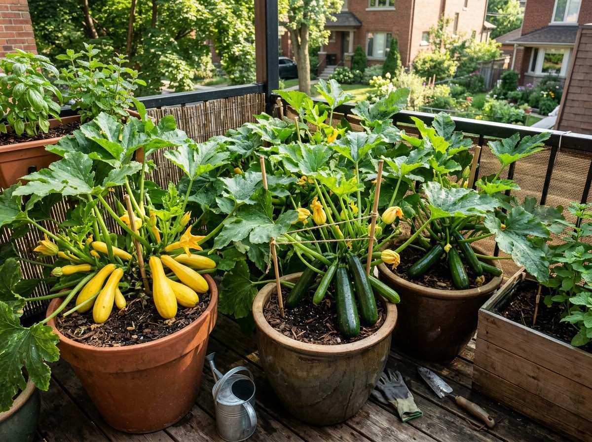 Growing Summer Squash in Containers with developing squash fruits and lush green leaves