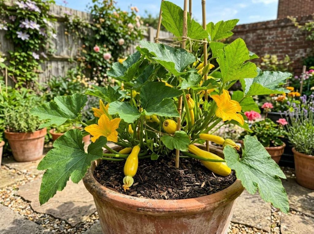 Growing Summer Squash in Containers showing healthy squash plants thriving in large pots