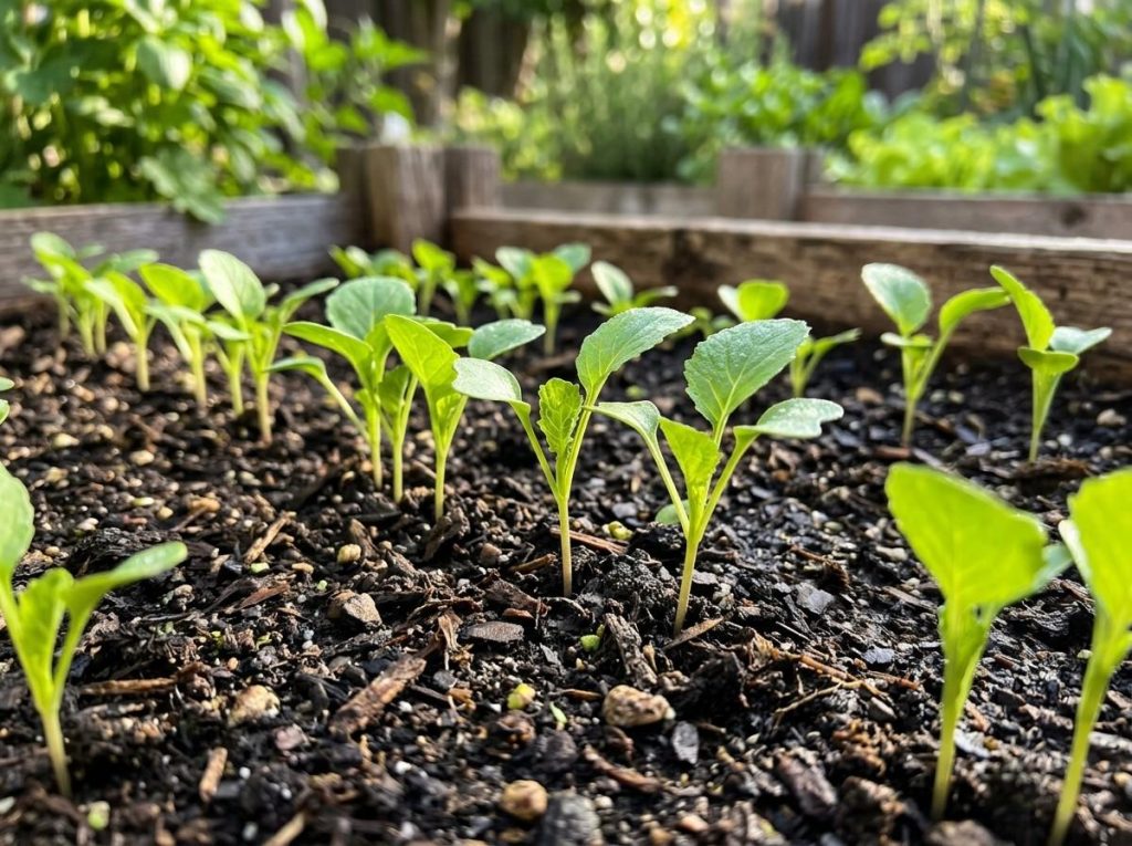 Growing Turnips from Seed with healthy seedlings emerging in neat garden rows