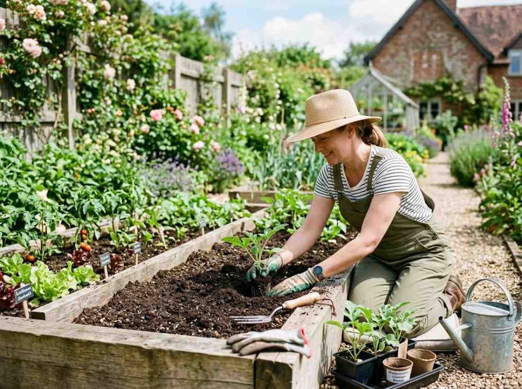 Growing Watermelon in a Raised Bed with developing fruits and nutrient rich soil