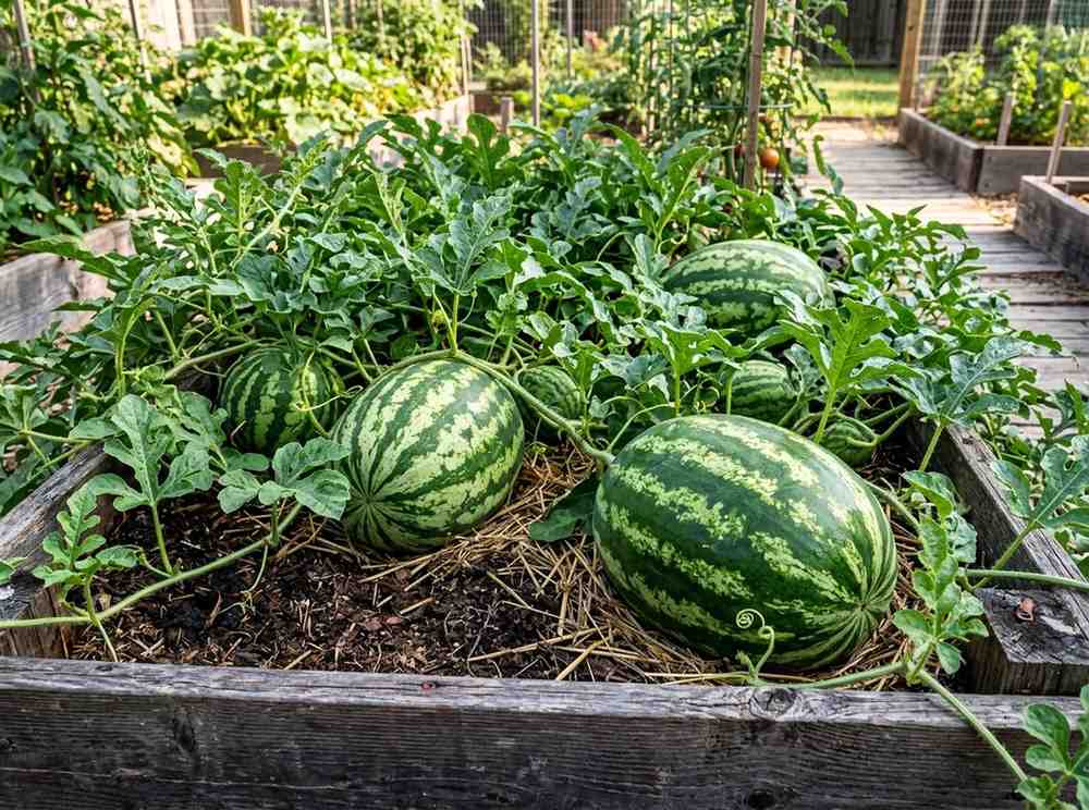 Growing Watermelon in a Raised Bed showing healthy watermelon vines spreading across garden bed