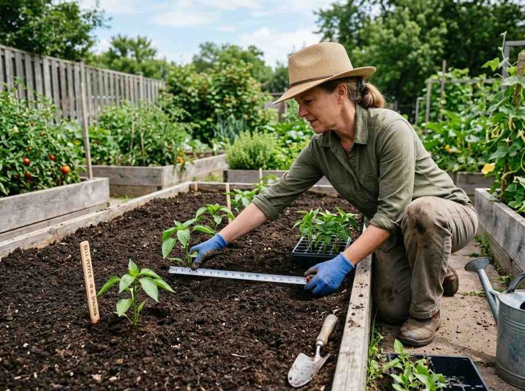 How Far Apart to Plant Bell Peppers showing proper spacing between pepper plants in garden rows