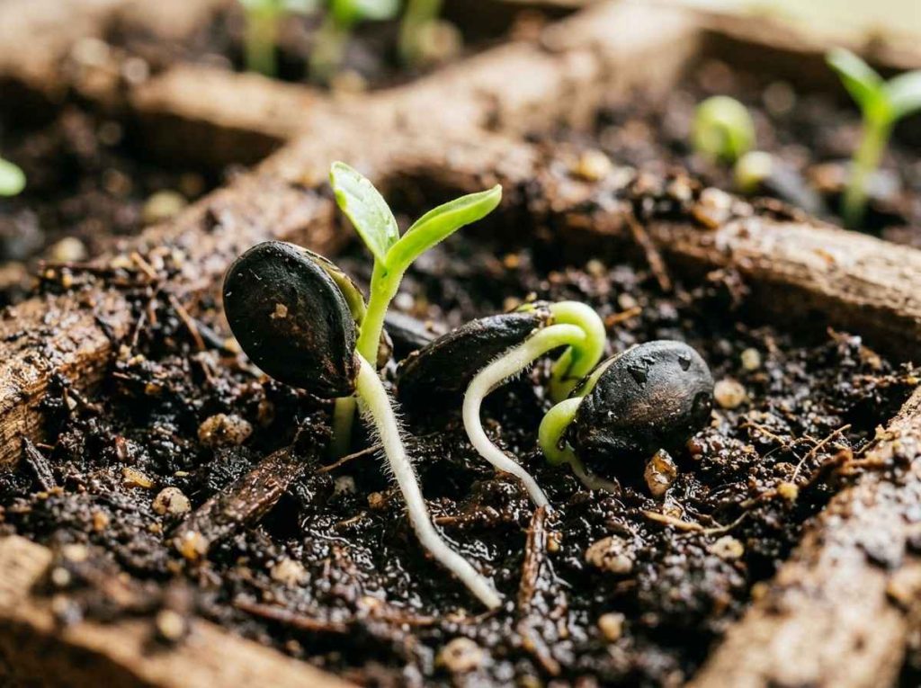 How Long Does It Take Watermelon Seeds to Germinate showing sprouting watermelon seeds in soil