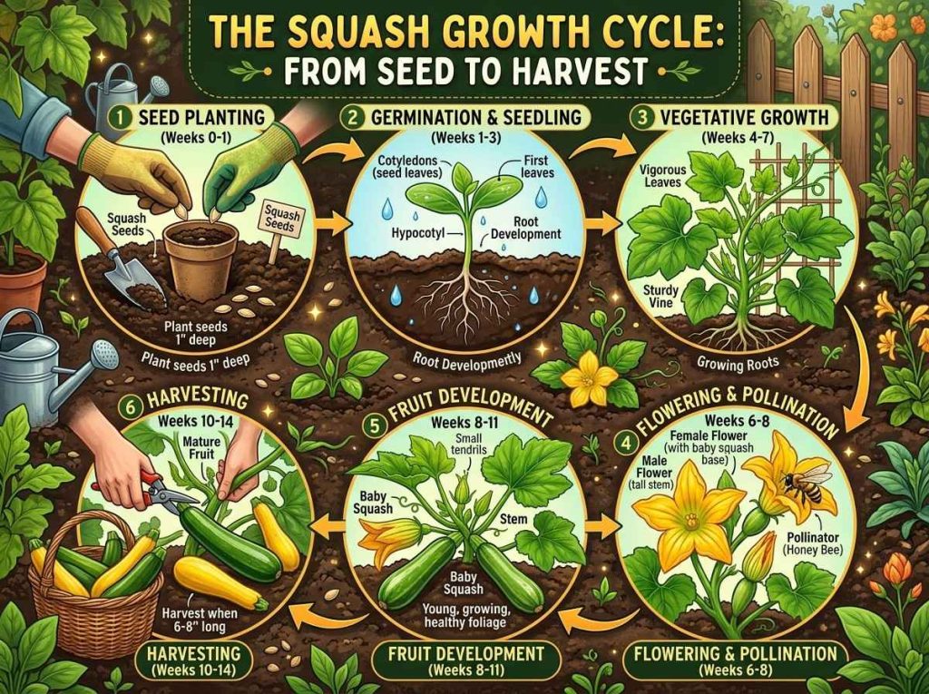 How Long Does It Take for a Squash to Grow demonstrating different growth stages of squash plants