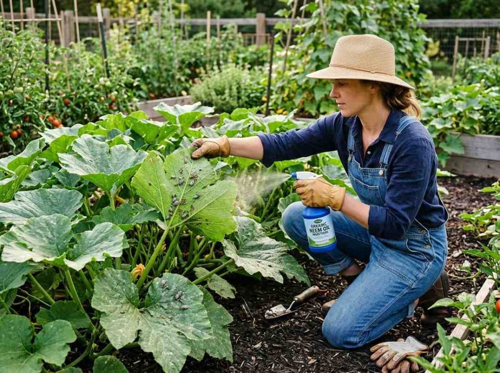 How to Get Rid of Squash Bugs showing squash bugs being removed from plant leaves