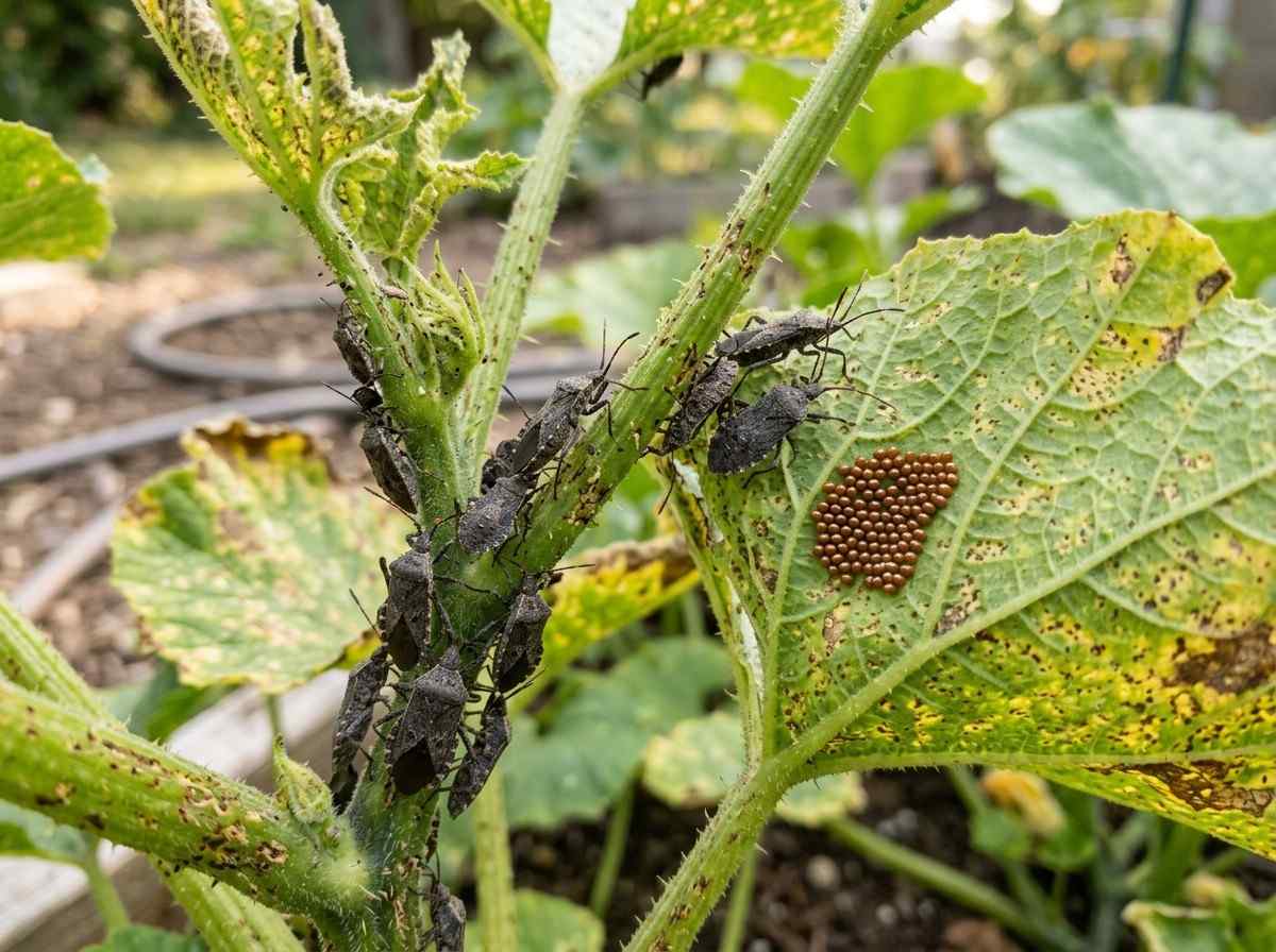 How to Get Rid of Squash Bugs with visible insects on zucchini and squash leaves