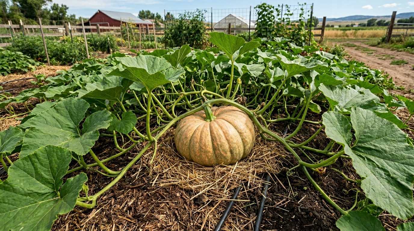How to Grow Atlantic Giant Pumpkin showing a massive pumpkin growing on a healthy vine