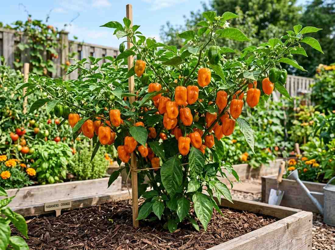 How to Grow Habanero Peppers showing healthy habanero plants with ripe peppers