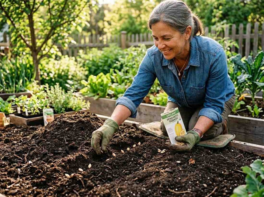How to Grow Spaghetti Squash showing healthy squash plants growing in garden soil
