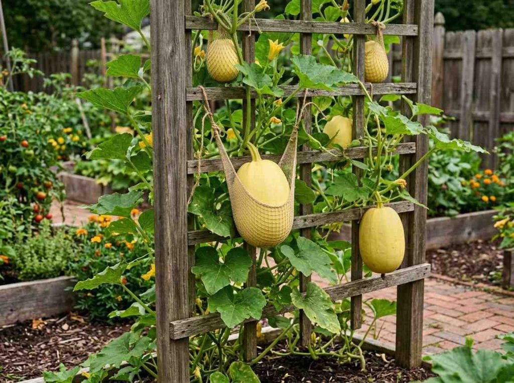 How to Grow Spaghetti Squash with developing squash fruits on vigorous vines