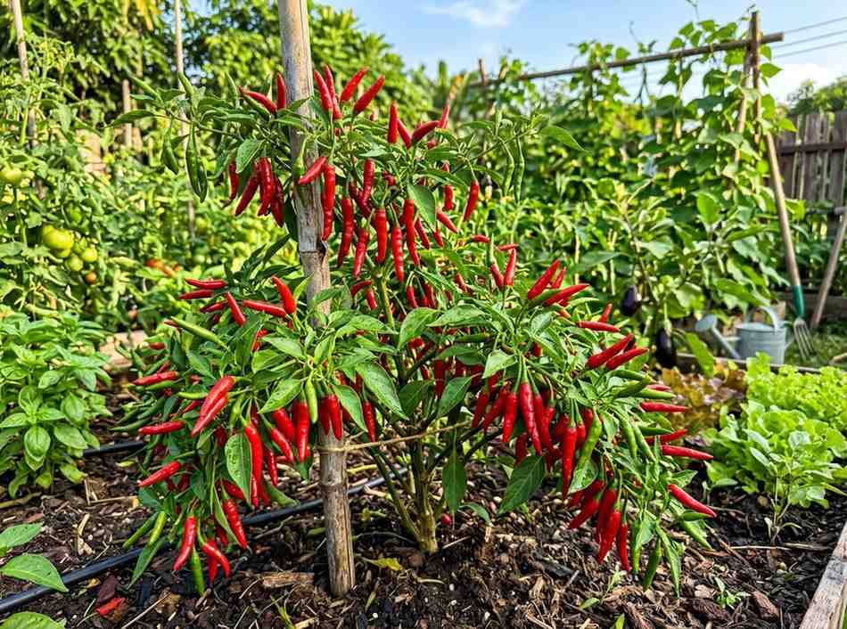 How to Grow Thai Chili Peppers showing healthy chili plants with bright red peppers