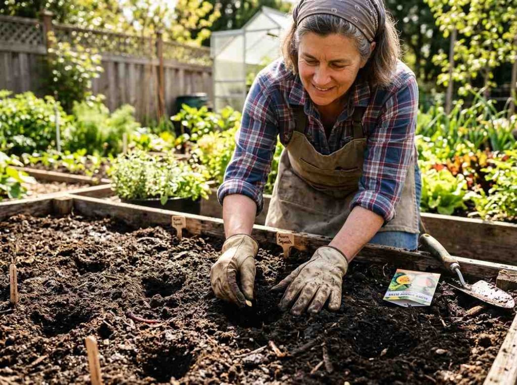 How to Plant Acorn Squash showing seeds planted in prepared garden soil
