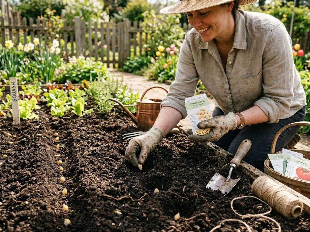How to Plant Yellow Squash showing yellow squash seeds planted in prepared garden soil