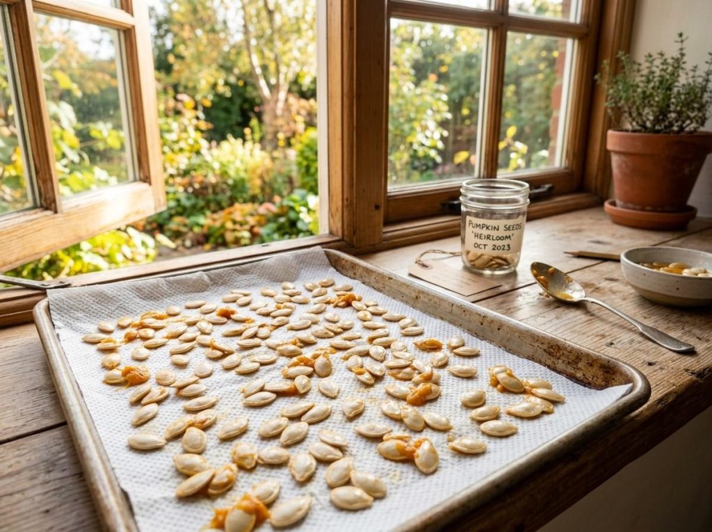 How to Save Pumpkin Seeds stored on paper towel for future gardening use