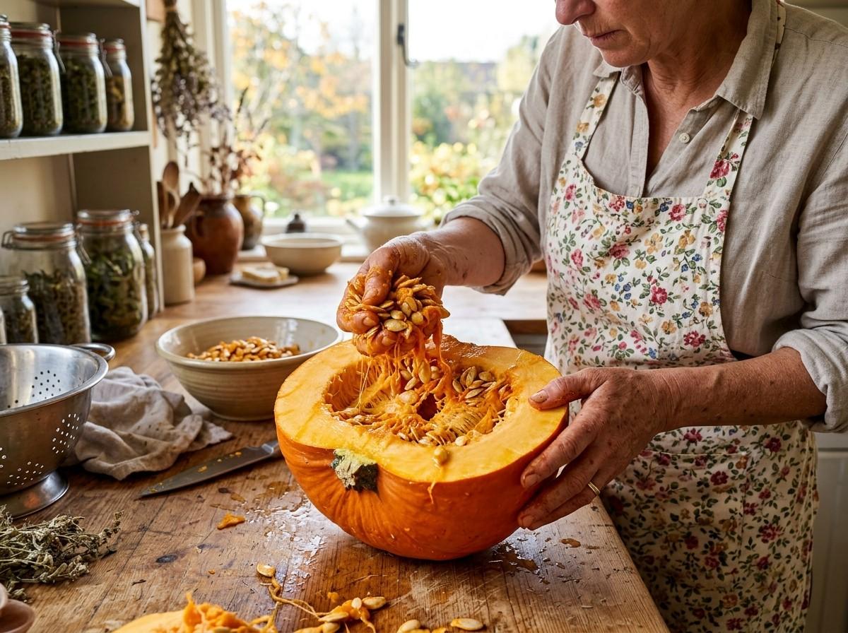 How to Save Pumpkin Seeds showing seeds being collected from a fresh pumpkin