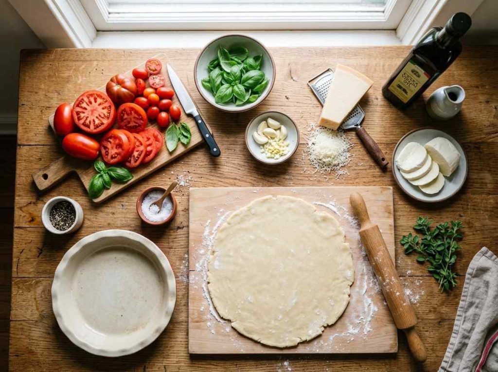 Italian Tomato Pie Recipe showing a freshly baked tomato pie with golden crust