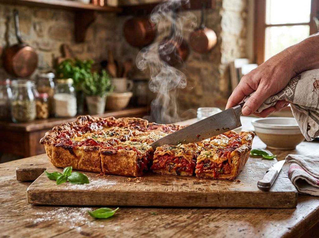 Italian Tomato Pie Recipe served warm with rich tomato filling and cheese