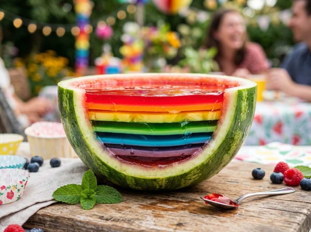 Jello in Watermelon Recipe showing colorful gelatin served inside a watermelon shell