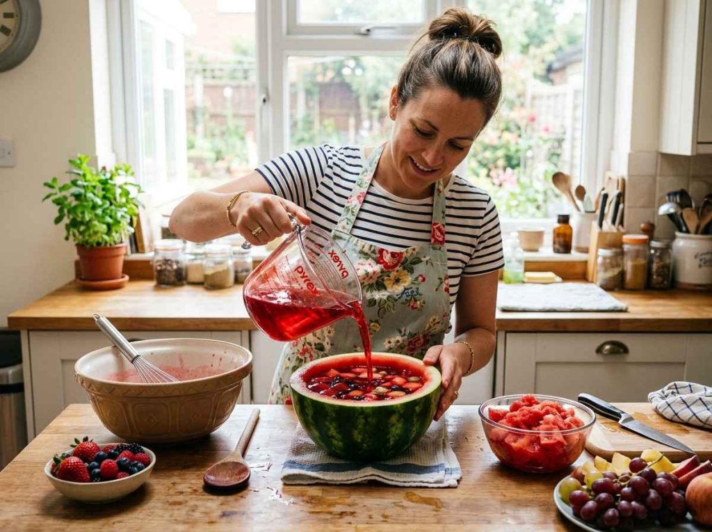 Jello in Watermelon Recipe featuring creative watermelon shaped gelatin dessert