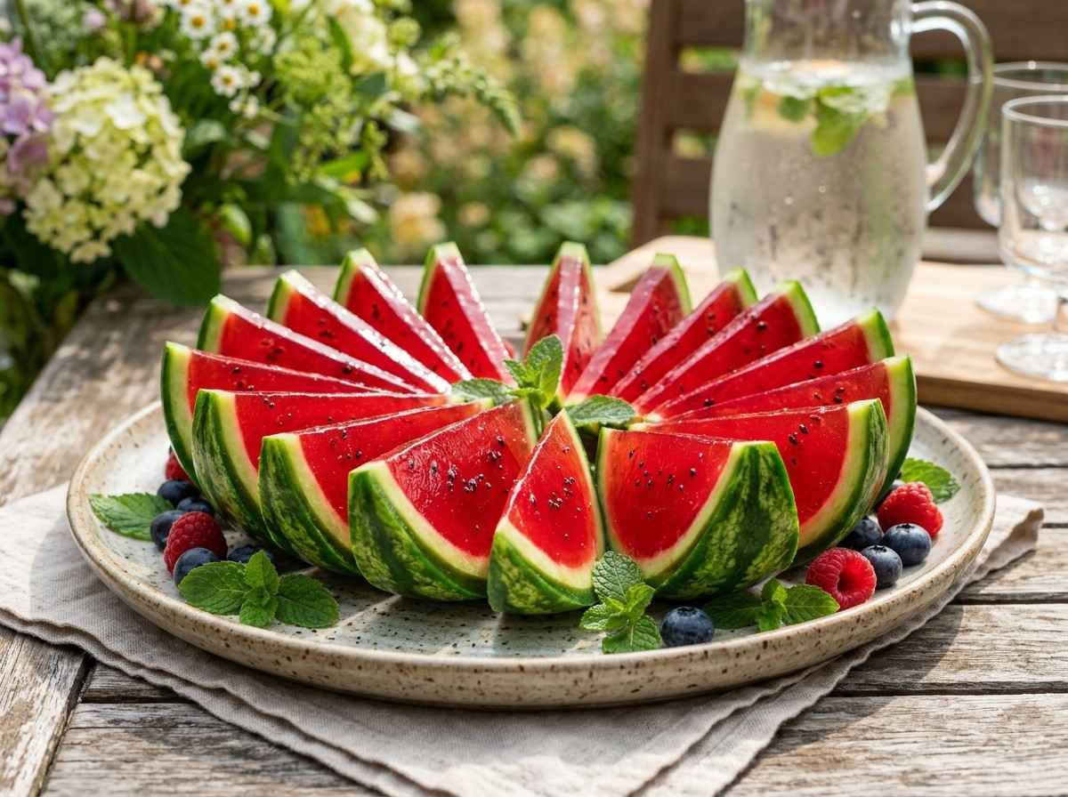 Jello in Watermelon Recipe sliced into fun and vibrant party treats